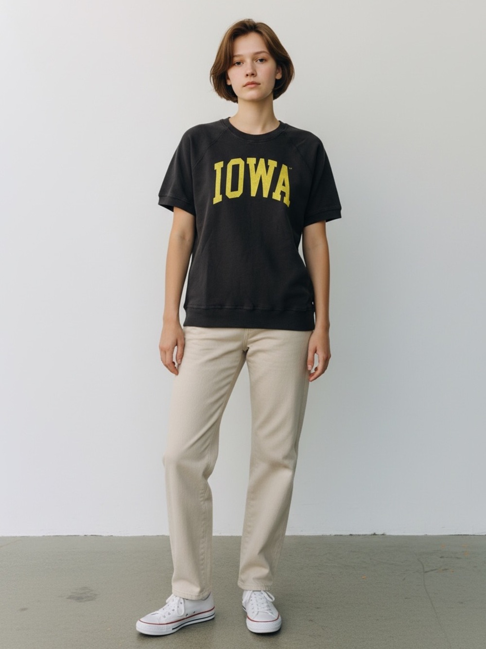 Iowa “Hawkeyes” Black Short-Sleeve Sweatshirt with Yellow Lettering